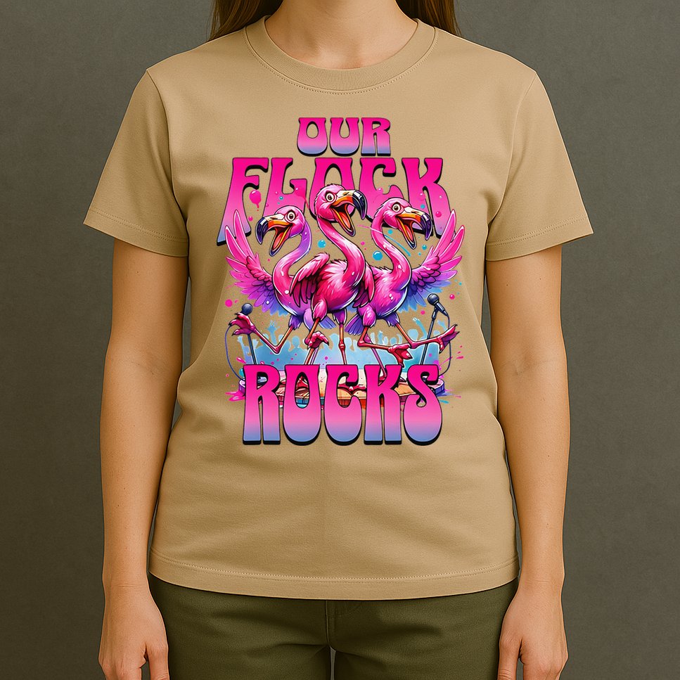 Our Flock Rocks Funny Flamingos Vacation Family Friends T-Shirt