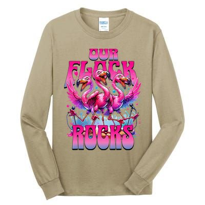 Our Flock Rocks Funny Flamingos Vacation Family Friends Tall Long Sleeve T-Shirt