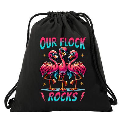 Our Flock Rocks Cute Flamingo Matching Family Vacation Group Drawstring Bag