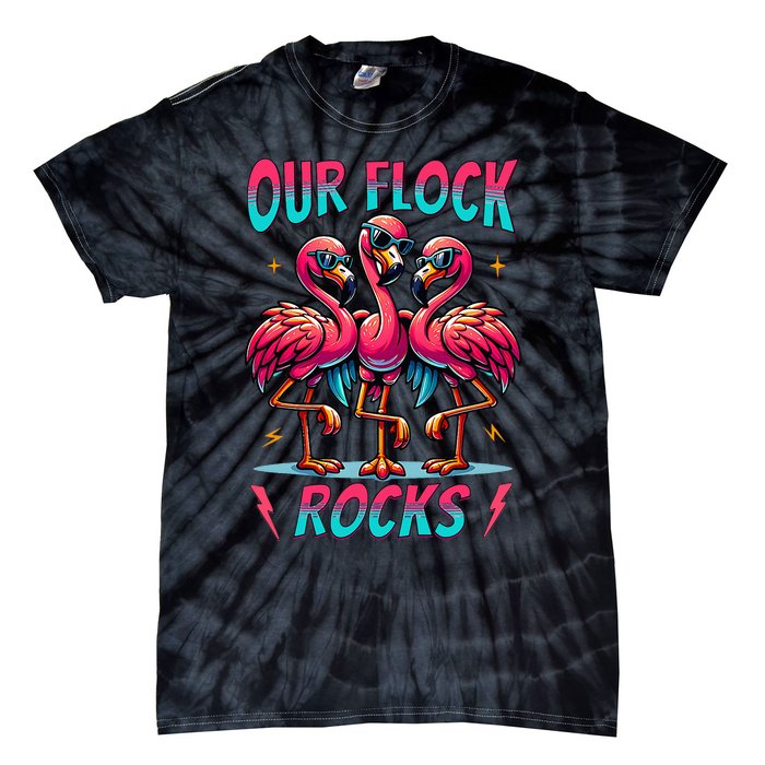 Our Flock Rocks Cute Flamingo Matching Family Vacation Group Tie-Dye T-Shirt