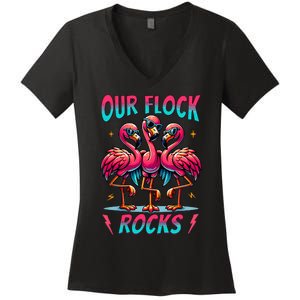 Our Flock Rocks Cute Flamingo Matching Family Vacation Group Women's V-Neck T-Shirt