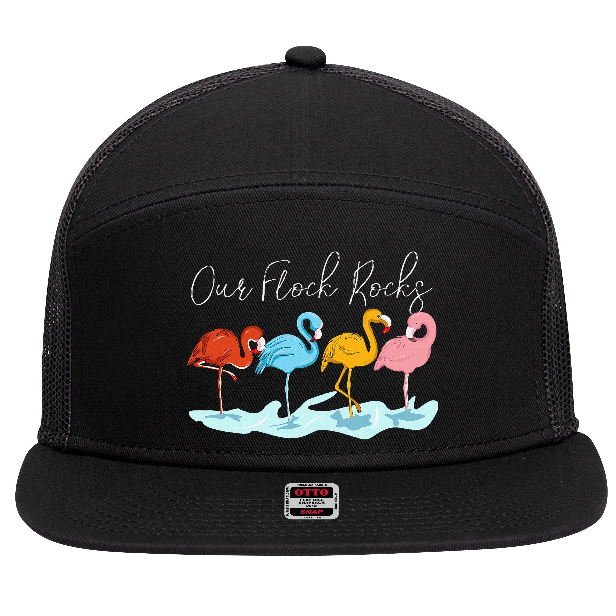 Our Flock Rocks Flamingos Lover Family 7 Panel Mesh Trucker Snapback Hat