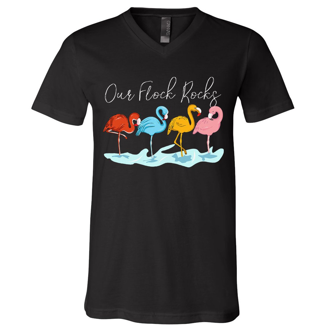 Our Flock Rocks Flamingos Lover Family V-Neck T-Shirt