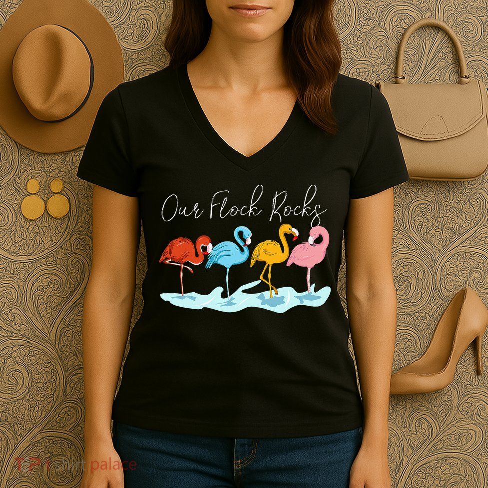 Our Flock Rocks Flamingos Lover Family Women's V-Neck T-Shirt