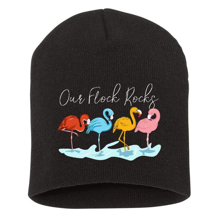 Our Flock Rocks Flamingos Lover Family Short Acrylic Beanie
