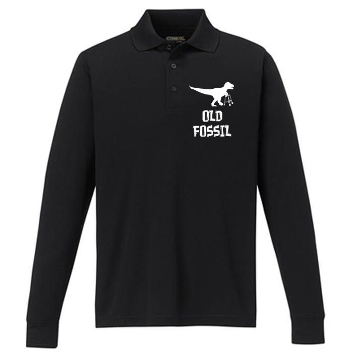 Old Fossil Trex Dinosaur Funny Birthday Retirement Joke Performance Long Sleeve Polo