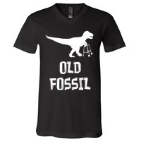 Old Fossil Trex Dinosaur Funny Birthday Retirement Joke V-Neck T-Shirt