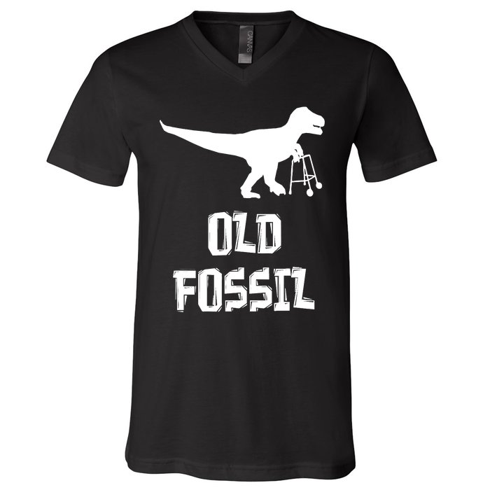 Old Fossil Trex Dinosaur Funny Birthday Retirement Joke V-Neck T-Shirt