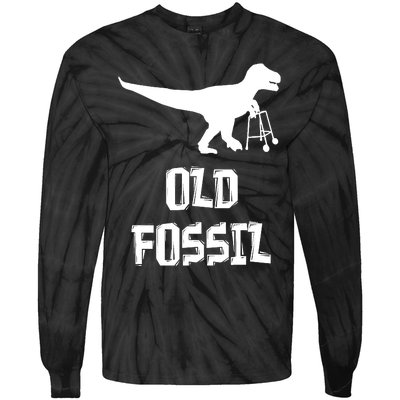 Old Fossil Trex Dinosaur Funny Birthday Retirement Joke Tie-Dye Long Sleeve Shirt