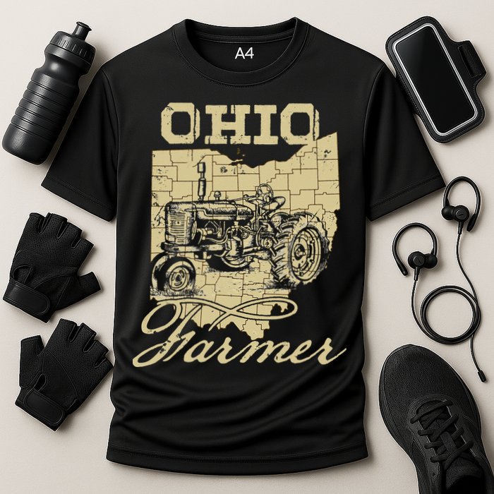 Ohio Farmer Tractor Lover State Map Farming Local Farmer Cooling Performance Crew T-Shirt