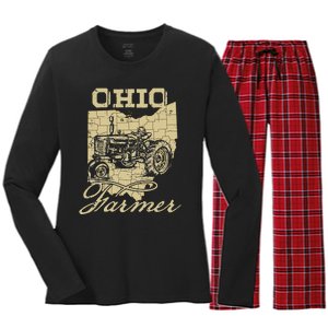 Ohio Farmer Tractor Lover State Map Farming Local Farmer Women's Long Sleeve Flannel Pajama Set 