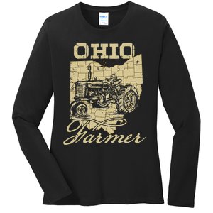 Ohio Farmer Tractor Lover State Map Farming Local Farmer Ladies Long Sleeve Shirt