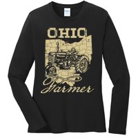 Ohio Farmer Tractor Lover State Map Farming Local Farmer Ladies Long Sleeve Shirt