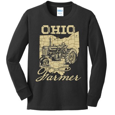 Ohio Farmer Tractor Lover State Map Farming Local Farmer Kids Long Sleeve Shirt