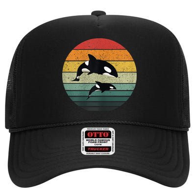 Orca Family Vintage Retro Art, Killer Whale Family High Crown Mesh Back Trucker Hat