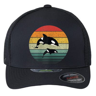 Orca Family Vintage Retro Art, Killer Whale Family Flexfit Unipanel Trucker Cap