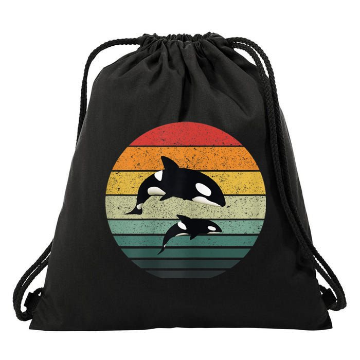 Orca Family Vintage Retro Art, Killer Whale Family Drawstring Bag