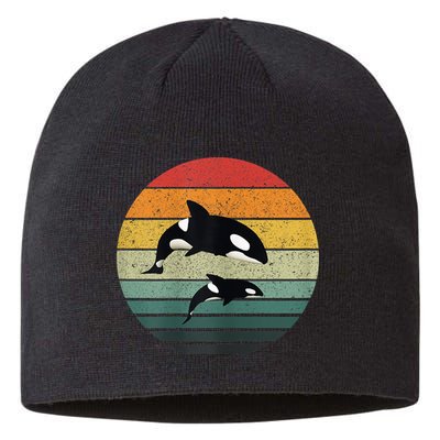 Orca Family Vintage Retro Art, Killer Whale Family Sustainable Beanie