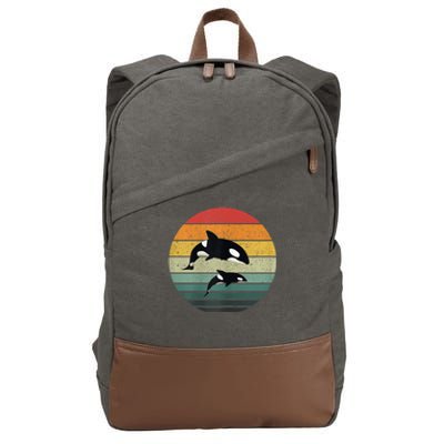 Orca Family Vintage Retro Art, Killer Whale Family Cotton Canvas Backpack