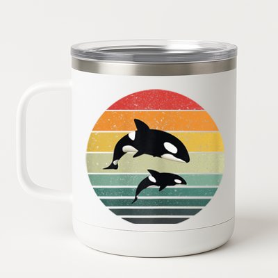 Orca Family Vintage Retro Art, Killer Whale Family 12 oz Stainless Steel Tumbler Cup