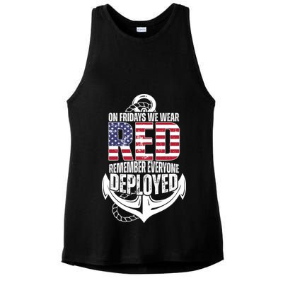 On Fridays We Wear Red Remember Everyone Deployed Ladies PosiCharge Tri-Blend Wicking Tank