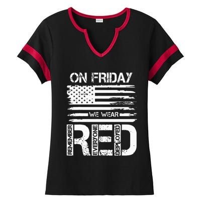 On Friday We Wear Red American Flag Military Supportive Ladies Halftime Notch Neck Tee