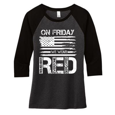 On Friday We Wear Red American Flag Military Supportive Women's Tri-Blend 3/4-Sleeve Raglan Shirt