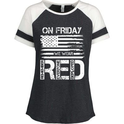 On Friday We Wear Red American Flag Military Supportive Enza Ladies Jersey Colorblock Tee