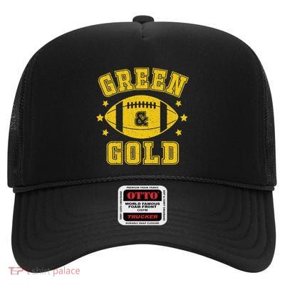 On Football We Wear Green And Gold School Spirit High Crown Mesh Back Trucker Hat