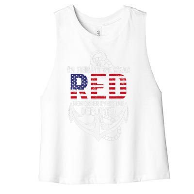 On Fridays We Wear Red Friday Distressed Women's Racerback Cropped Tank