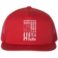 On Friday We Wear Red American Flag Military Supportive Flat Bill Trucker Hat