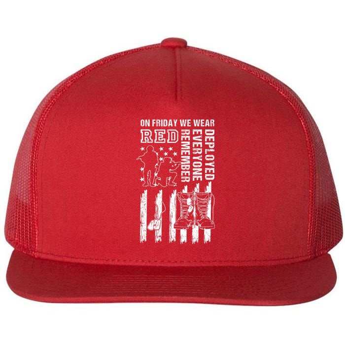 On Friday We Wear Red American Flag Military Supportive Flat Bill Trucker Hat