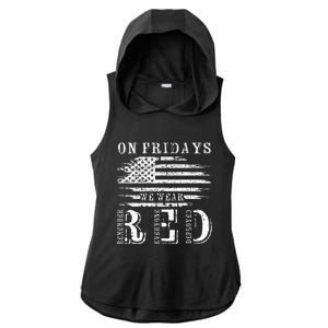 On Friday We Wear Red Retro USA Flag Military Supportive Ladies PosiCharge Tri-Blend Wicking Draft Hoodie Tank