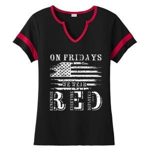 On Friday We Wear Red Retro USA Flag Military Supportive Ladies Halftime Notch Neck Tee