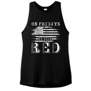 On Friday We Wear Red Retro USA Flag Military Supportive Ladies PosiCharge Tri-Blend Wicking Tank