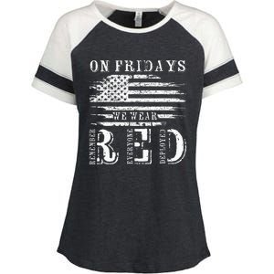 On Friday We Wear Red Retro USA Flag Military Supportive Enza Ladies Jersey Colorblock Tee