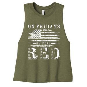 On Friday We Wear Red Retro USA Flag Military Supportive Women's Racerback Cropped Tank