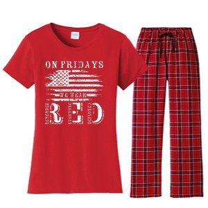 On Friday We Wear Red Retro USA Flag Military Supportive Women's Flannel Pajama Set