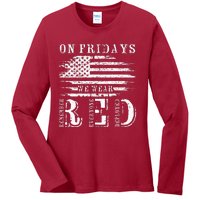 On Friday We Wear Red Retro USA Flag Military Supportive Ladies Long Sleeve Shirt