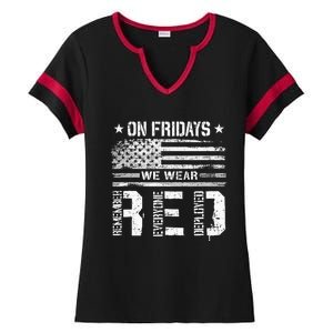 On Friday We Wear Red American Flag Military Supportive Ladies Halftime Notch Neck Tee