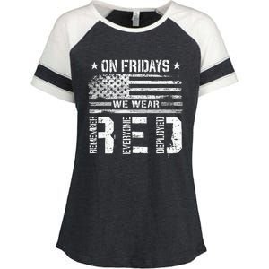 On Friday We Wear Red American Flag Military Supportive Enza Ladies Jersey Colorblock Tee