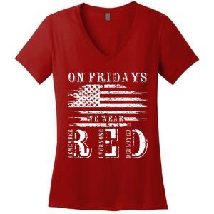 On Friday We Wear Red Retro USA Flag Military Supportive Women's V-Neck T-Shirt