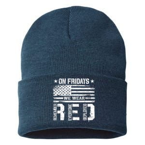 On Friday We Wear Red American Flag Military Supportive Sustainable Knit Beanie