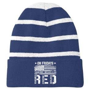 On Friday We Wear Red American Flag Military Supportive Striped Beanie with Solid Band