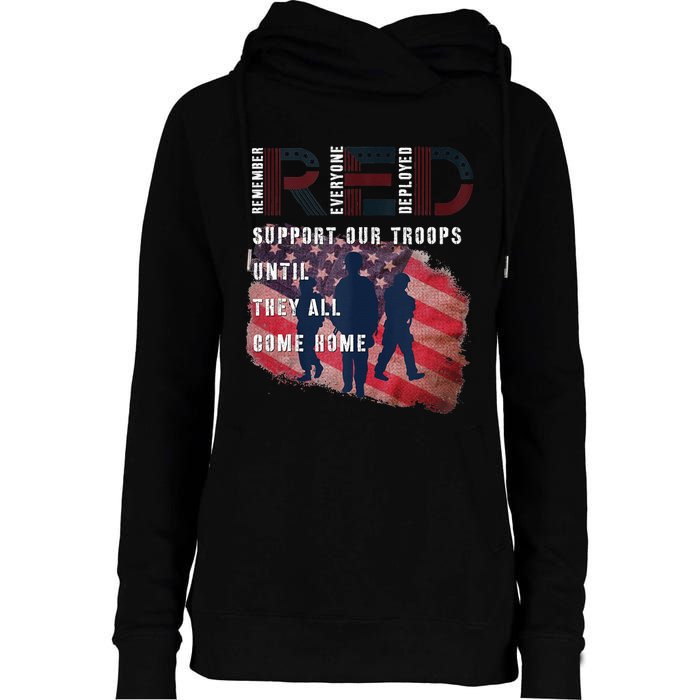 On Friday We Wear Red Friday Military Support Troops US Flag Womens Funnel Neck Pullover Hood