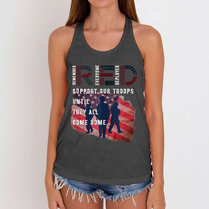 On Friday We Wear Red Friday Military Support Troops US Flag Women's Knotted Racerback Tank