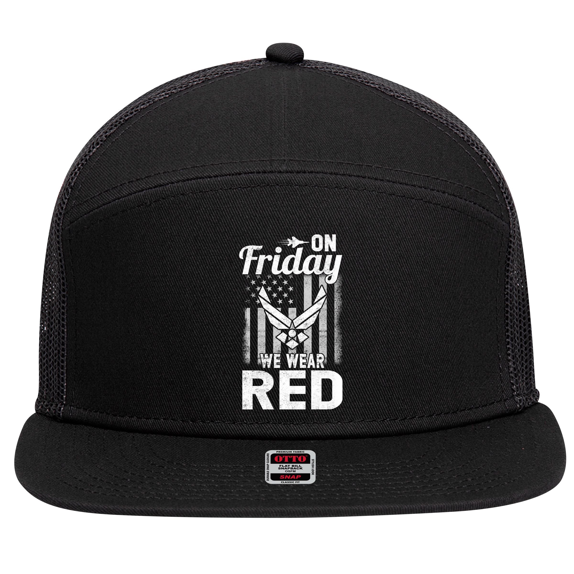 ON FRIDAY WE WEAR RED AIR FORCE AMERICAN FLAG 7 Panel Mesh Trucker Snapback Hat