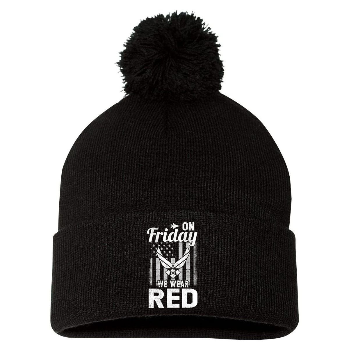 ON FRIDAY WE WEAR RED AIR FORCE AMERICAN FLAG Pom Pom 12in Knit Beanie