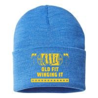 Old Fit Winging It Funny Workout Humor Gym Elderly Fitness Gift Sustainable Knit Beanie