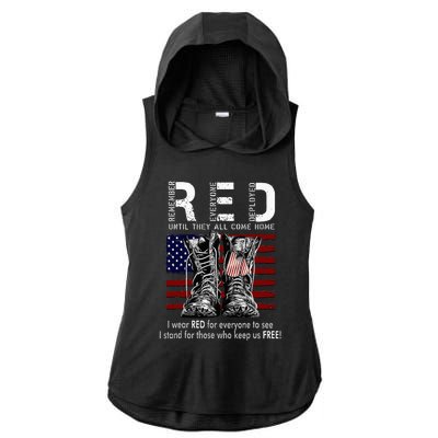 On Friday We Wear Red Remember Everyone Deployed Ladies PosiCharge Tri-Blend Wicking Draft Hoodie Tank